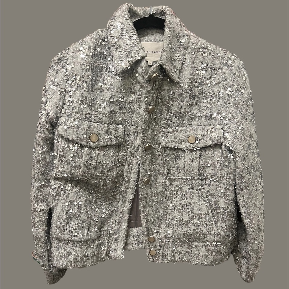 English Factory Silver Sequin Bomber Jacket